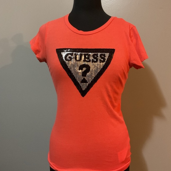 Guess Women's Bright Coral Sequin Logo Tee - Picture 1 of 4